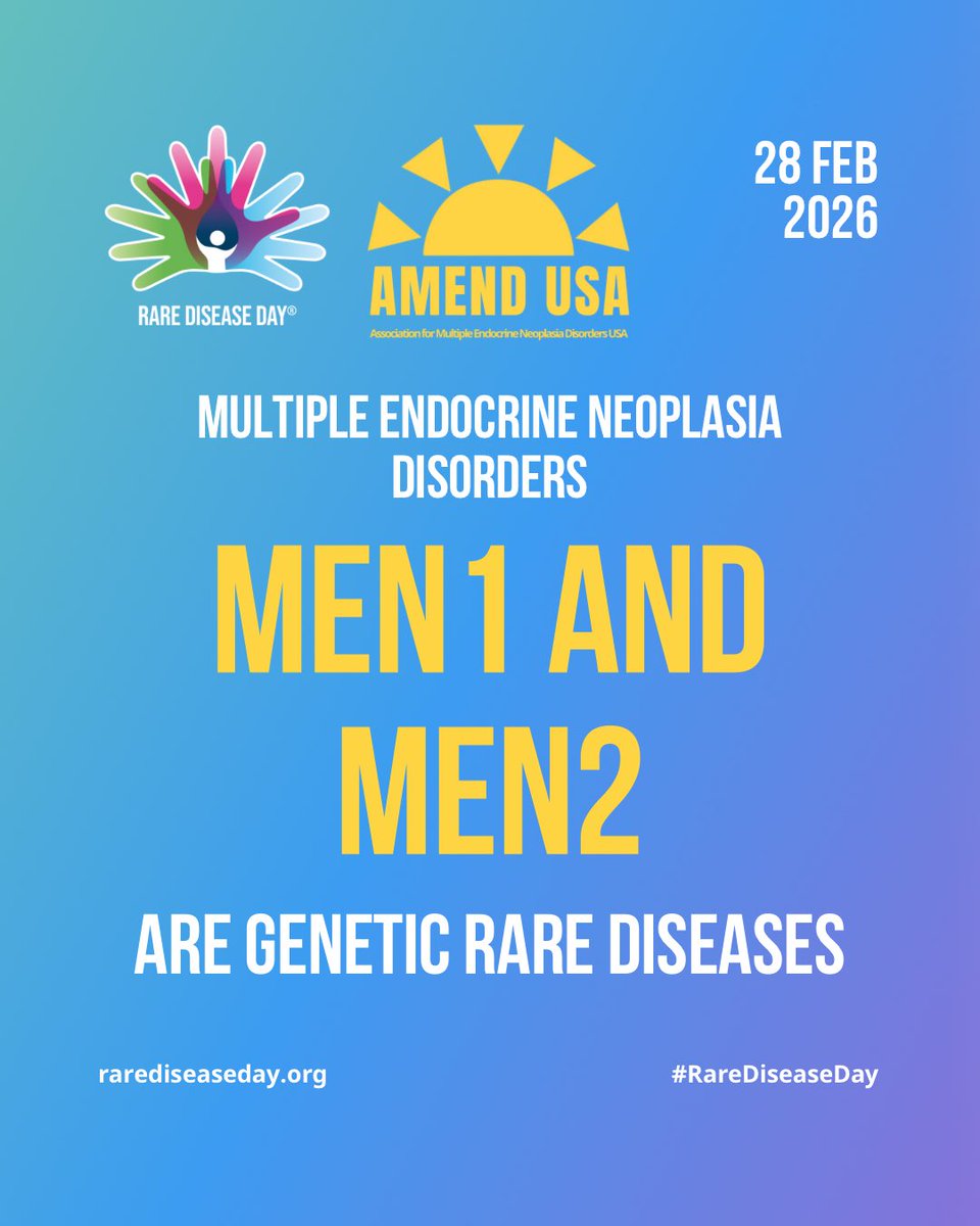 AMENDInfoUSA's tweet photo. Happy Rare Disease Day! MEN disorders are genetic rare diseases. AMEND USA is dedicated to increasing awareness for these disorders. For more information, visit our website: https://t.co/pXWdjk0iZ4.
#RareDiseaseDay #ShowYourStripes #rarediseases #men1 #men2 #mendisorders https://t.co/h4pJIpSMsy