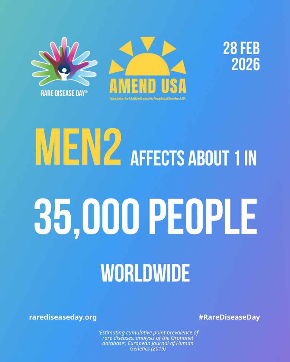 AMENDInfoUSA's tweet photo. Happy Rare Disease Day! MEN disorders are genetic rare diseases. AMEND USA is dedicated to increasing awareness for these disorders. For more information, visit our website: https://t.co/pXWdjk0iZ4.
#RareDiseaseDay #ShowYourStripes #rarediseases #men1 #men2 #mendisorders https://t.co/h4pJIpSMsy