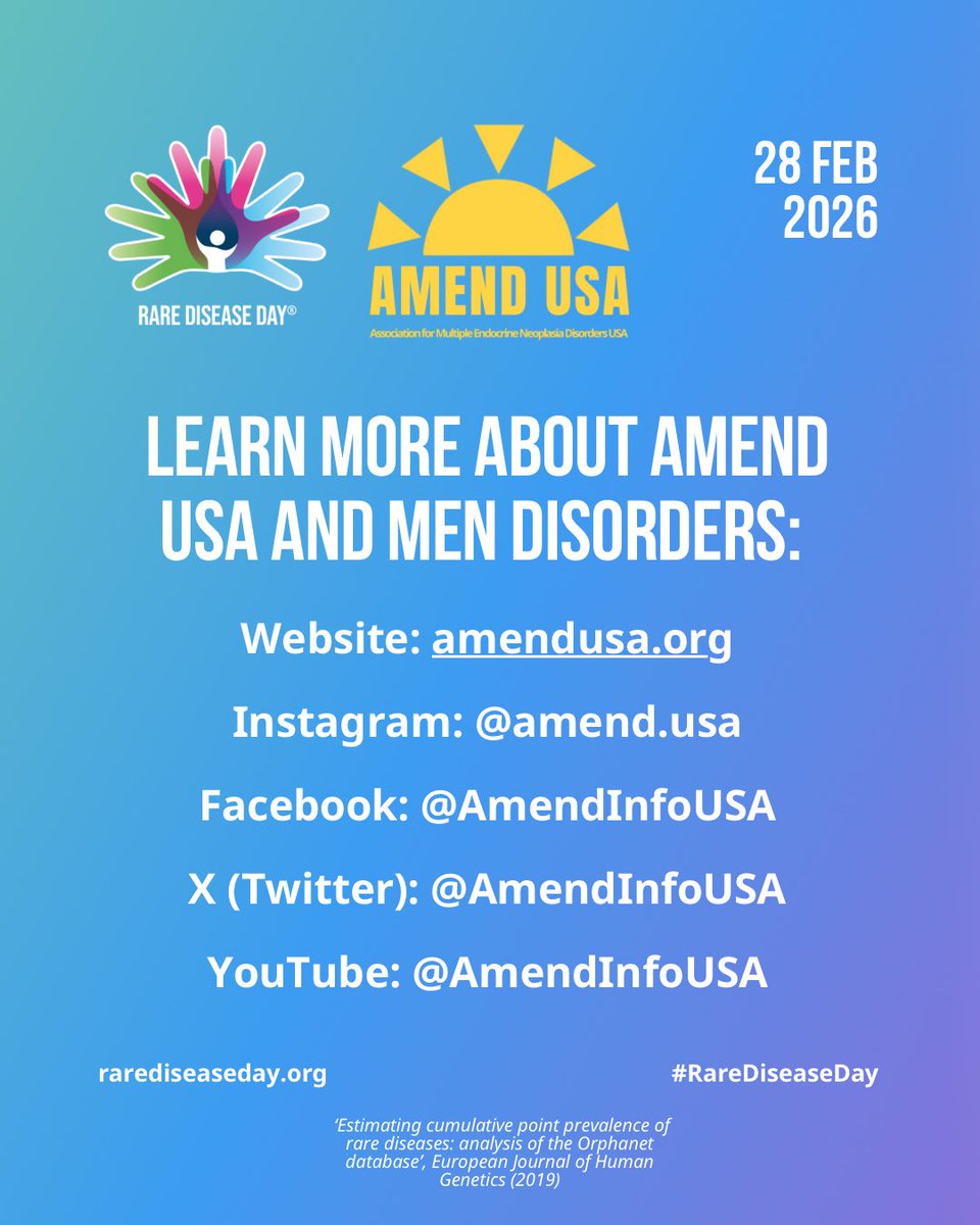 AMENDInfoUSA's tweet photo. Happy Rare Disease Day! MEN disorders are genetic rare diseases. AMEND USA is dedicated to increasing awareness for these disorders. For more information, visit our website: https://t.co/pXWdjk0iZ4.
#RareDiseaseDay #ShowYourStripes #rarediseases #men1 #men2 #mendisorders https://t.co/h4pJIpSMsy
