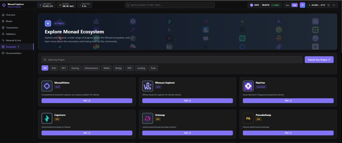 WinScan is now integrated with the Monad ecosystem.
You can explore projects, tools, and infrastructure directly from the WinScan Explorer 👇

monad-scan.winscan.org/ecosystem

Everything in one place.