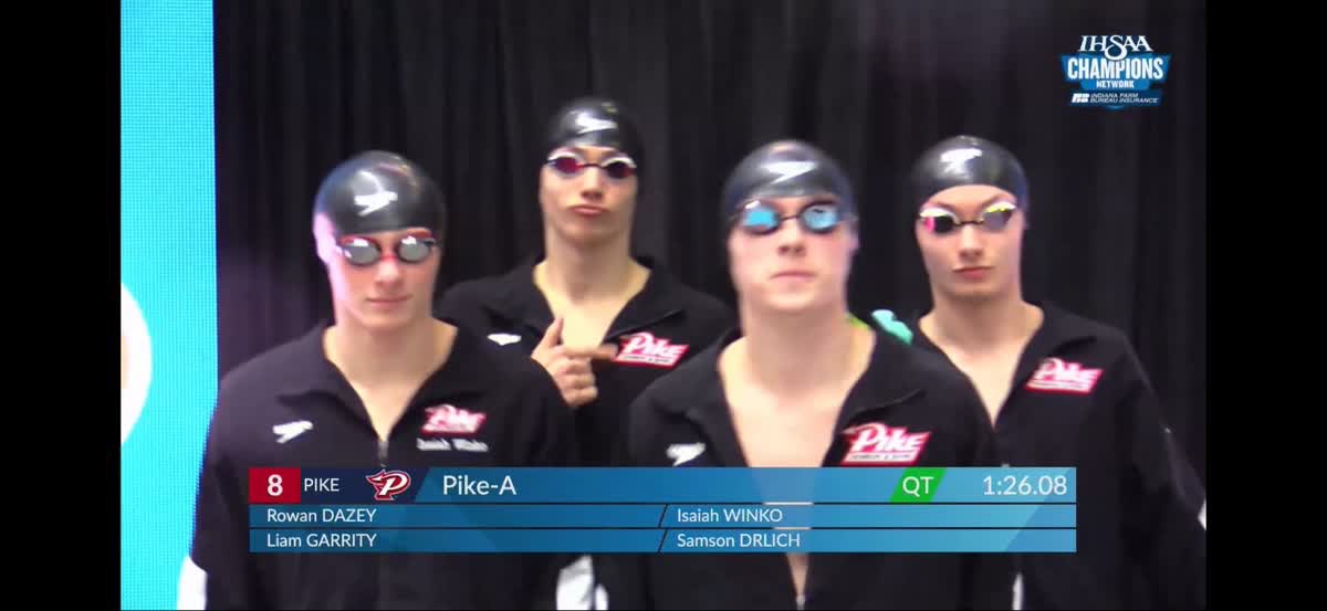 The 200 Freestyle Relay team of Rowan Dazey, Isaiah Winko, Liam Garrity, &amp; Sam Drlich finish 6th Place at the IHSAA State Finals in a NEW SCHOOL RECORD time of 1:25.25. Yes, that’s the 3rd time they have broken their own school record in the last 8 days. So. Incredibly. Proud.