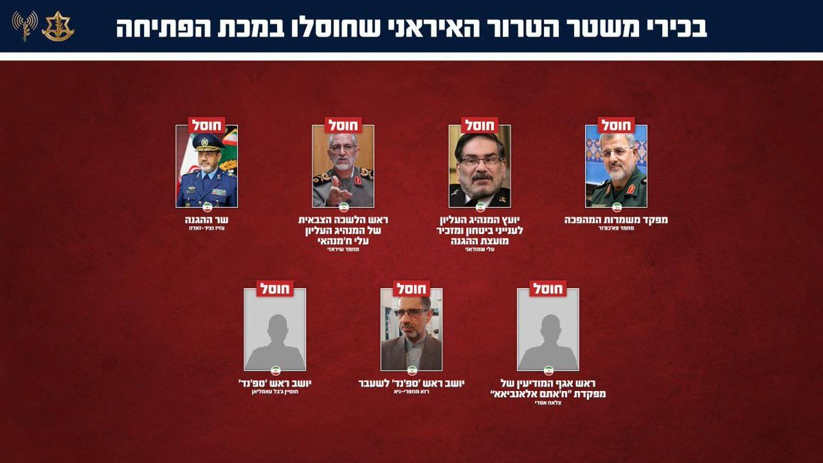 NOELreports's tweet photo. The IRGC commander, Iran's defense minister, and other senior officials have been killed, the IDF officially announced. There is no visual confirmation, nor confirmation from the Iranian side yet. #Iran https://t.co/EPBeMuzbc5