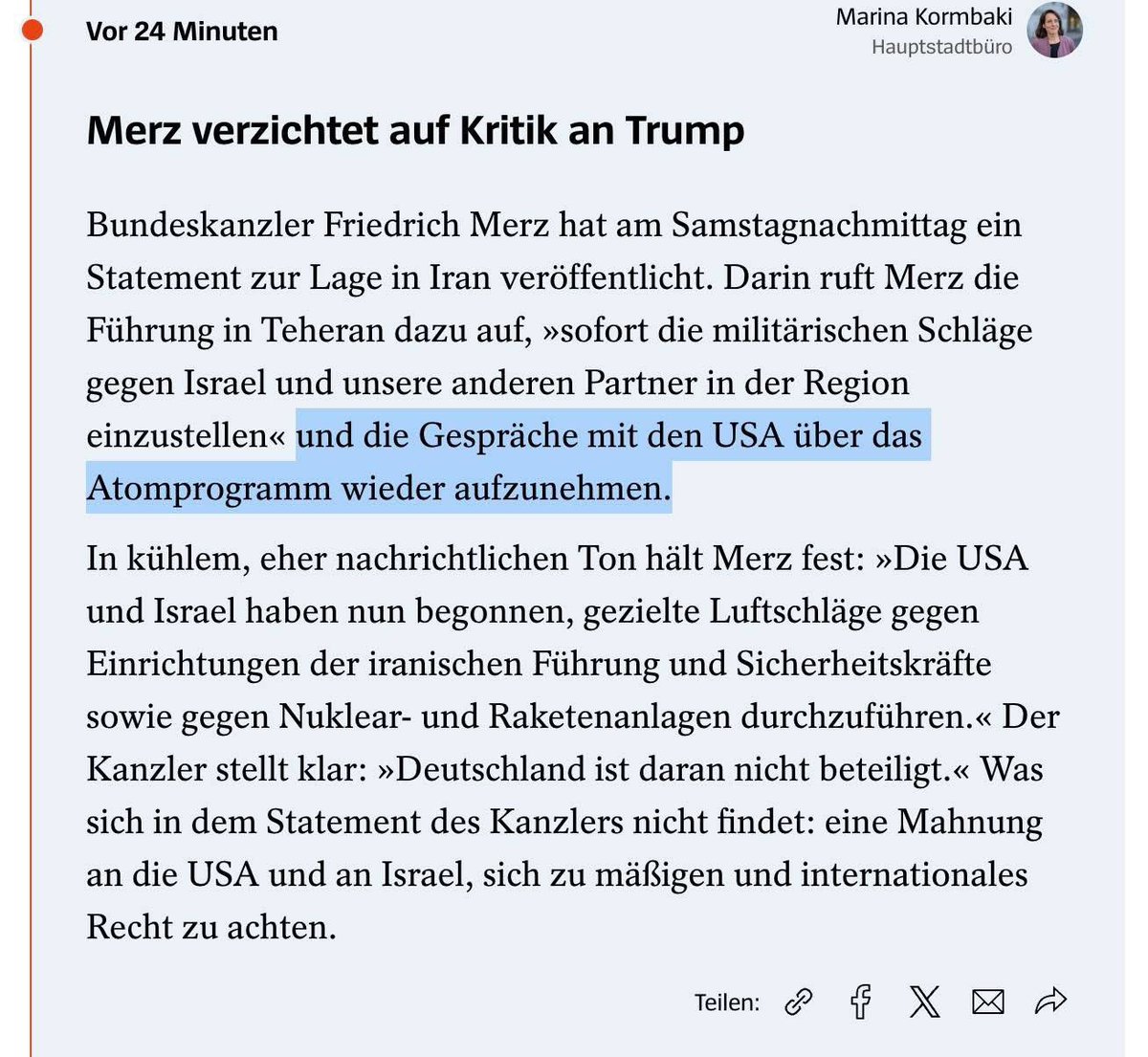 Besser wird es nicht mehr: <a href="/bundeskanzler/">Bundeskanzler Friedrich Merz</a> #Merz ruft doch tatsächlich den Iran auf, “Gespräche mit den USA über das Atomprogramm wieder aufzunehmen”. Wer hat nochmal 2018 den Atomdeal einseitig aufgekündigt? 🤔Spoiler: Es war derselbe <a href="/POTUS/">President Donald J. Trump</a> wie heute…