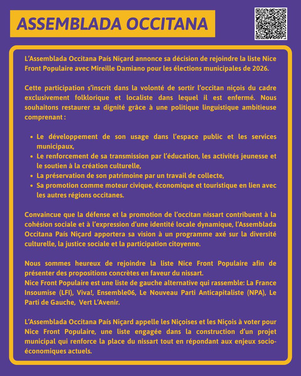 Ces organisations rejoignent la liste Nice Front Populaire avec Mireille Damiano.

Retrouvez leur site internet en QR code !

#nicefrontpopulaire #municipales2026 #nice #nice06