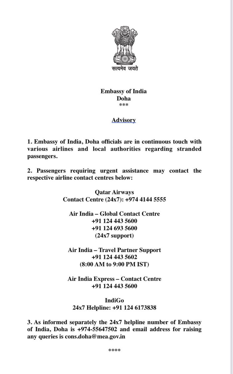 SushilP66359876's tweet image. #EmbassyofIndia in Doha, Qatar tweets, "Embassy of India, Doha officials are in continuous touch with various airlines and local authorities regarding stranded passengers."

#Iran #Tehran #WorldWar3 #Doha #Qatar