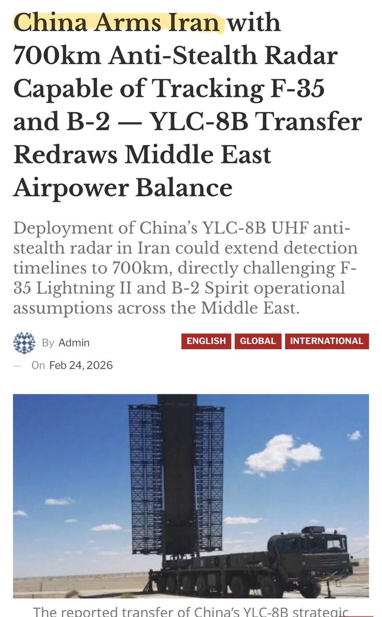 denisewu's tweet photo. Iran 🇮🇷 was utilizing the 🇨🇳 surveillance radar, YLC-8B, which was dubbed the “anti-stealth radar” that had arrived in January. 

Performed exactly like Venezuela’s Chinese “stealth-killer” but newer model. https://t.co/5WH89IE4ob