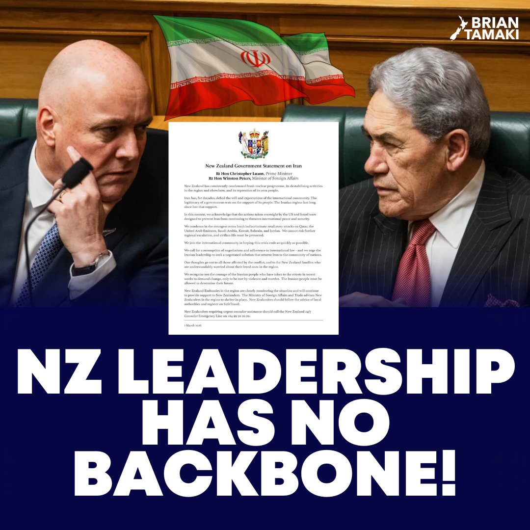 New Zealand Leadership has no Backbone!

Iran’s regime chants “Death to the West.”
Funds terror.
Destabilises nations.
Oppresses &amp; kills its own people.
Pushes toward nuclear capability.

The United States and Israel act to stop it.

Winston’s first line?
“We are monitoring the