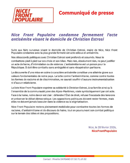 Nice Front Populaire condamne avec la plus grande fermeté l’acte antisémite visant le domicile de Christian Estrosi.
Nous sommes pleinement mobilisé·es pour combattre toutes les formes de racisme. 

#nicefrontpopulaire #municipales2026 #nice #nice06