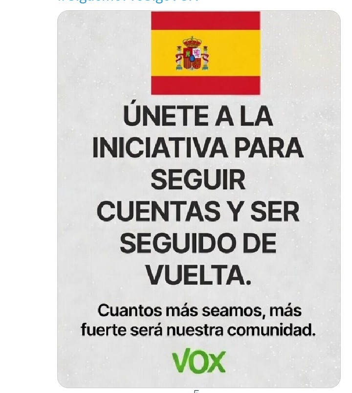 Me uno a la iniciativa de apoyar a cuentas de VOX. #SiguemeYTeSigoDeVuelta 
#SiguemeYTeSigoVOX 
#SoloQuedaVox