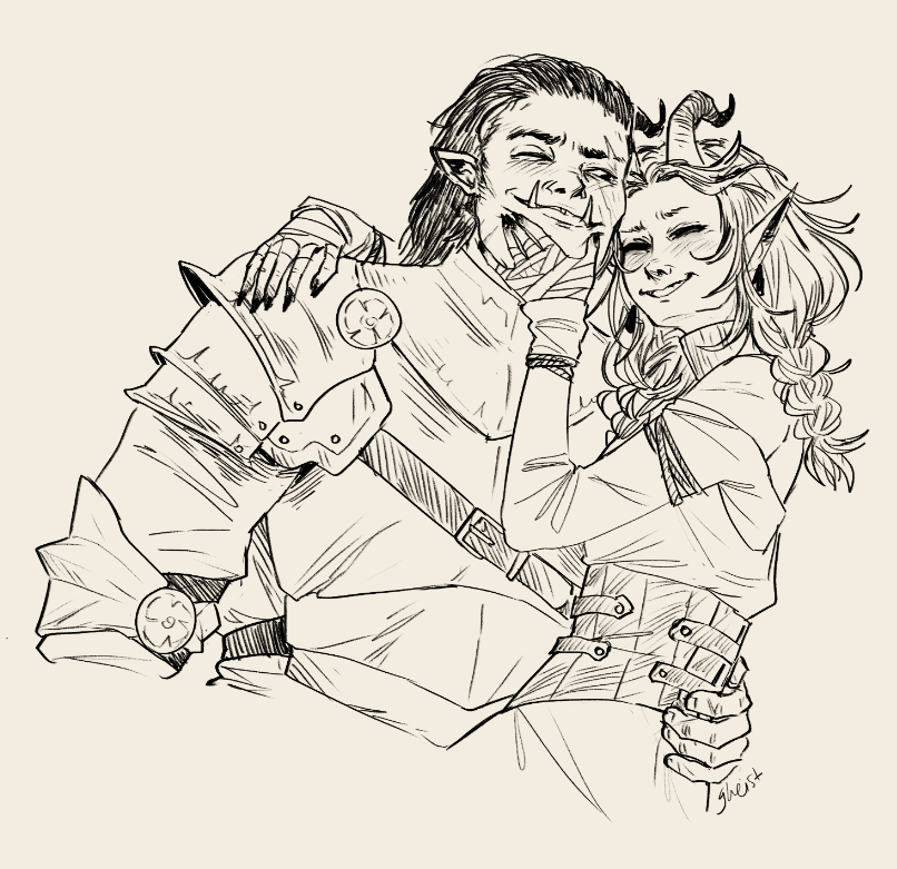 gheistropod's tweet photo. my tiefling sorcerer and my friend's half-orc fighter in an au where they're happy and healthy and safe https://t.co/pyfwiStR3Y