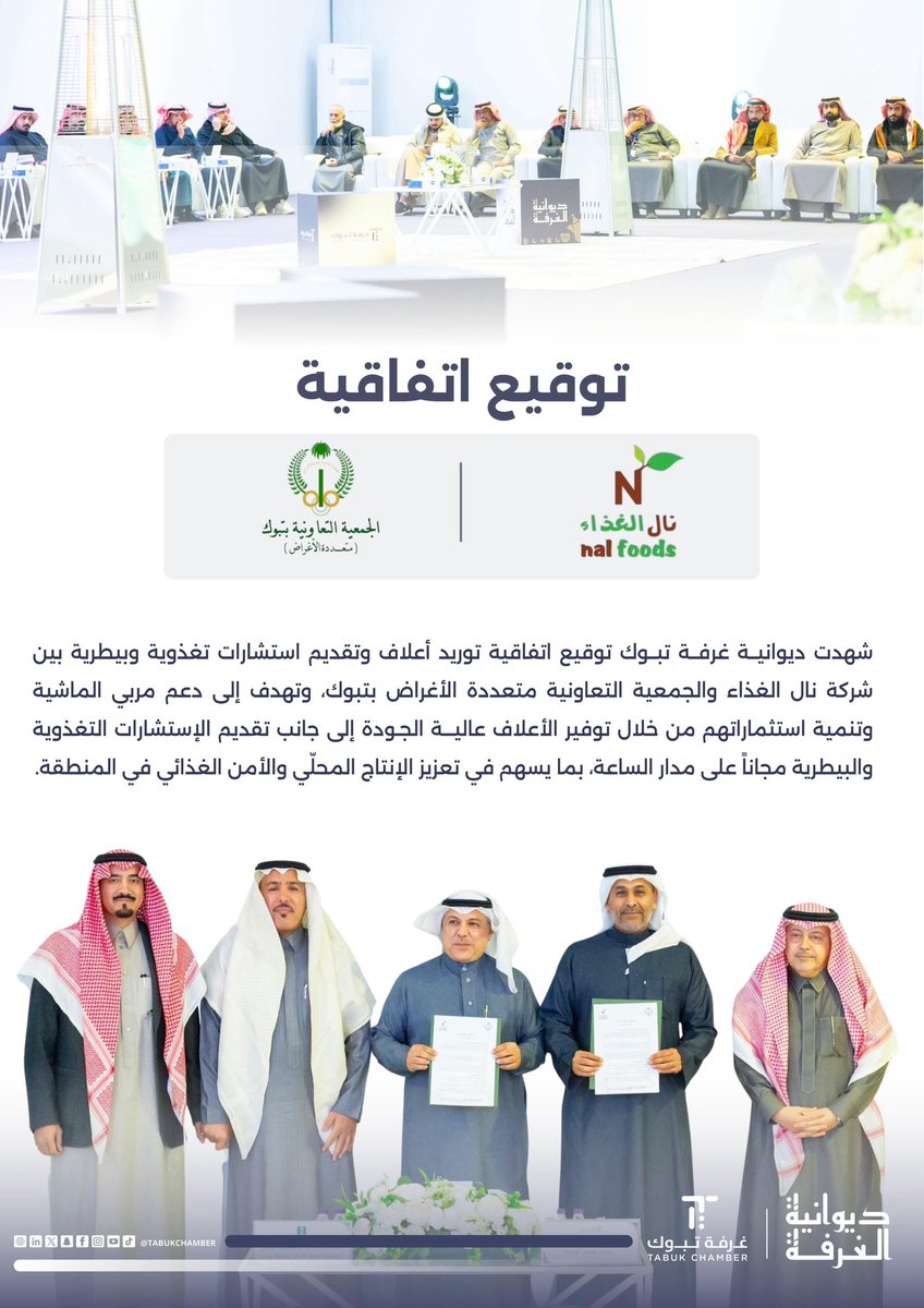tabukchamber's tweet photo. 🔹اتفاقية توريد |
شهدت #ديوانية_غرفة_تبوك توقيع اتفاقية توريد أعلاف وتقديم استشارات تغذوية وبيطرية بين شركة نال الغذاء والجمعية التعاونية متعددة الأغراض بتبوك، وتهدف إلى دعم مربي الماشية وتنمية استثماراتهم من خلال توفير الأعلاف عالية الجودة، إلى جانب تقديم الإستشارات التغذوية والبيطرية مجاناً على مدار الساعة، بما يسهم في تعزيز الإنتاج المحلّي والأمن الغذائي في المنطقة.

#غرفة_تبوك