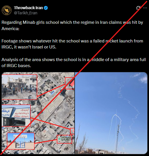 GeoConfirmed's tweet image. GeoConfirmed IRN.

Disinformation.

"Footage shows whatever hit the school was a failed rocket launch from IRGC, it wasn't Israel or US."

This claim, with almost 11k likes, 5k retweets and 750.000+ views is WRONG based on GeoConfirmed geolocations.

(link of the claim: