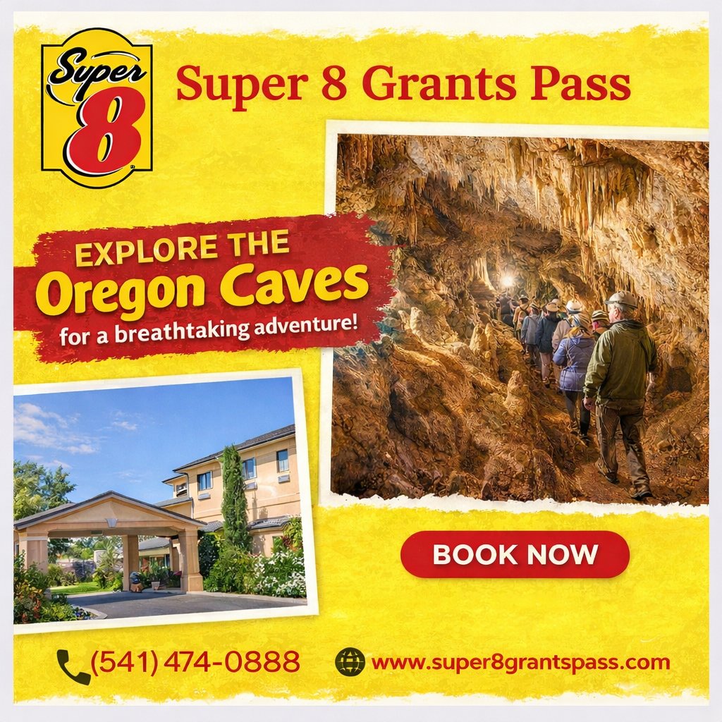 Explore the Oregon Caves and stay at Super 8 Grants Pass for an unforgettable adventure!  Book your stay now &amp; make lasting memories!  (541) 474-0888 #ExploreOregon #Super8GrantsPass #OregonCaves #AdventureAwaits #TravelOregon #BookNow #StayWithUs #GrantsPassHotels #OregonTravel