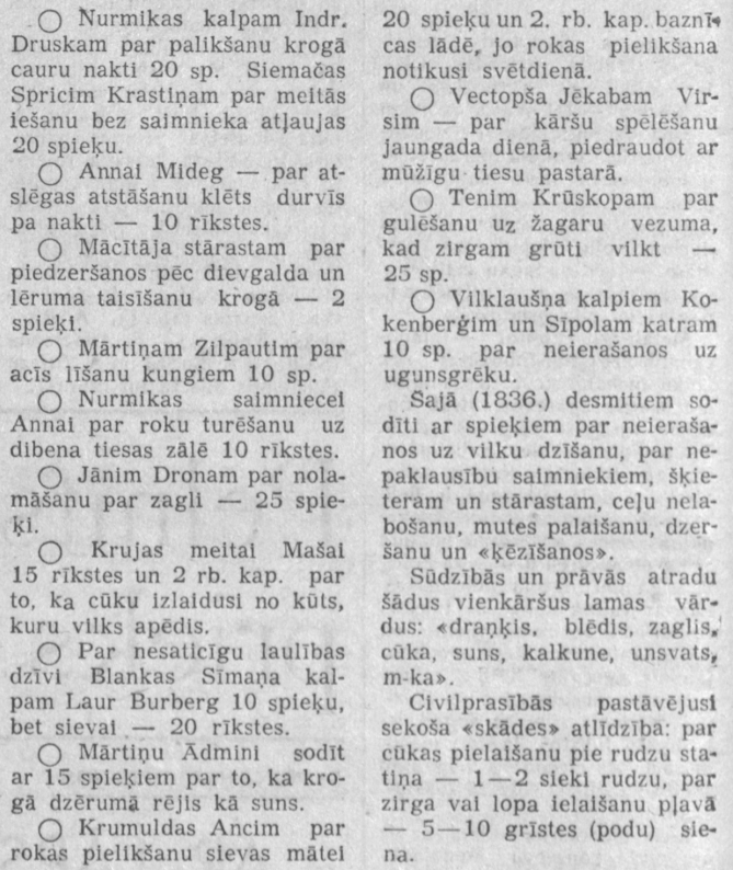 Pagasttiesu protokolos 1836. gadā uzskaitītie sodi.