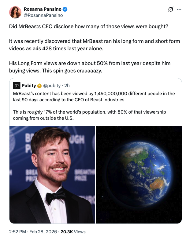 DramaAlert's tweet photo. MrBeast has been accused of purchasing views by Rosanna Pansino. https://t.co/dqKbOLBdUp