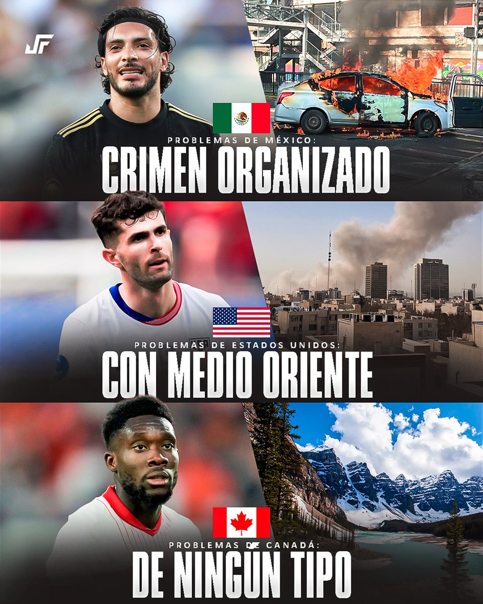 Jovenesfutmx's tweet photo. 🏆🚨 Tensión rumbo al Mundial 2026

A pocos meses del torneo, dos de los tres países sede viven momentos complicados

🇲🇽 México enfrenta problemas de crimen organizado que se han intensificado en los últimos días.
🇺🇸 Estados Unidos vive tensión internacional por el conflicto en Medio Oriente con Irán.
🇨🇦 Canadá, por ahora, es la única sede sin conflictos internos ni externos.

Sera una Copa Mundial “histórica”