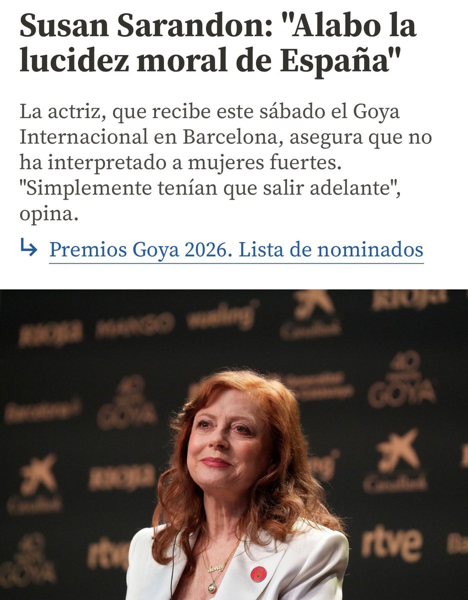 Miranda200233's tweet photo. Me gustaría saber quien ha engañado a Susan Sarandon, una americana estúpida que no habla español, como ella misma se define, para tener esos conceptos sobre España , su situación política y su presidente…
Porque está claro que la han  engañado. 
#Goya2026 
#SusanSarandon https://t.co/THa5shbIxD