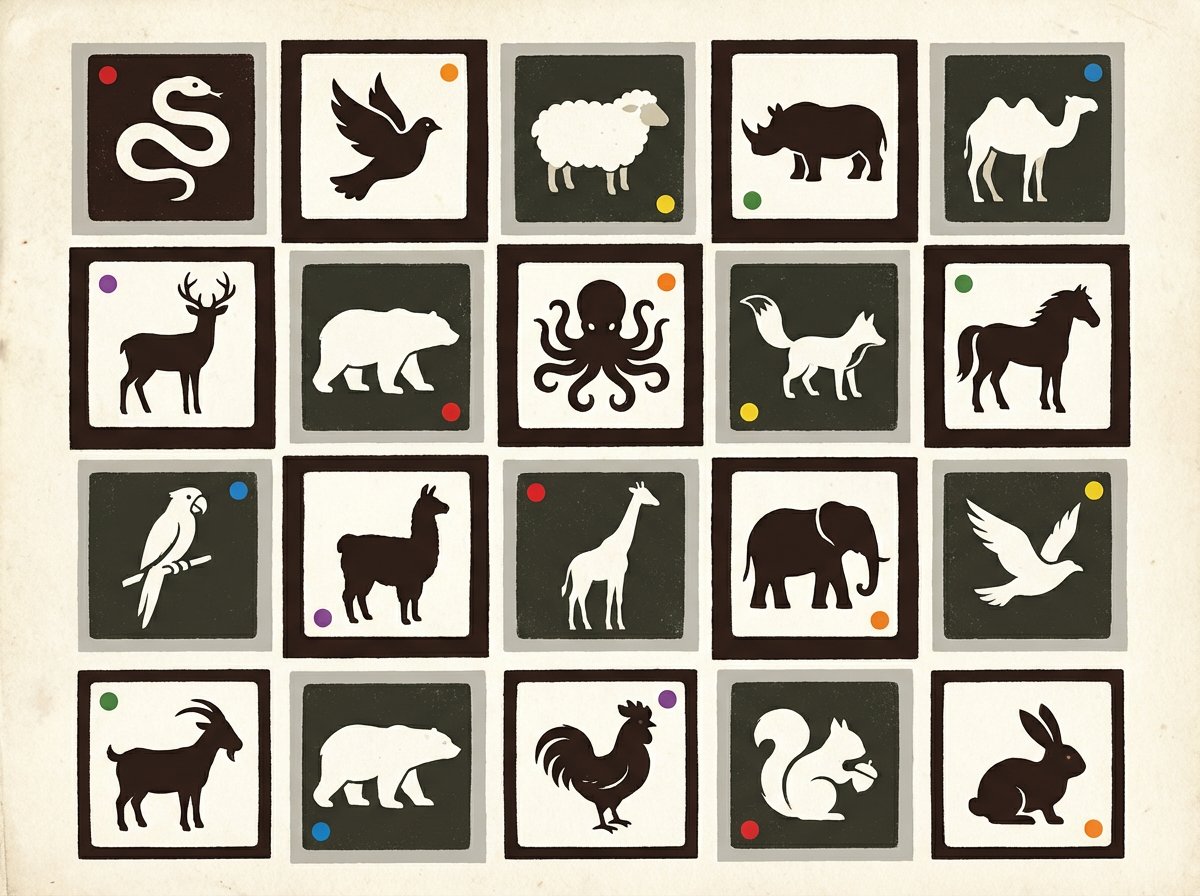 visionati's tweet photo. A grid of 20 minimalist animal icon stamps arranged in a 4x5 layout, alternating between dark brown/black square stamps on light gray backgrounds and white/light backgrounds. Each stamp features a stylized white animal silhouette on a dark background or dark animal on light background. Animals include: snake, dove/bird with wings, sheep/bear, rhinoceros, camel, deer/antelope, bear/beaver, octopus, fox/dog, horse/unicorn, parrot/bird on branch, llama/alpaca, giraffe, elephant, white bird/dove, deer/goat, polar bear, rooster/chicken, squirrel, and rabbit. Each stamp has a single small colored dot accent (red, orange, yellow, green, purple, or blue) positioned in different corners. The overall aesthetic is retro, woodblock print style with rough textured edges on the stamps. Flat design, folk art illustration style, muted earthy tones with occasional bright dot accents.