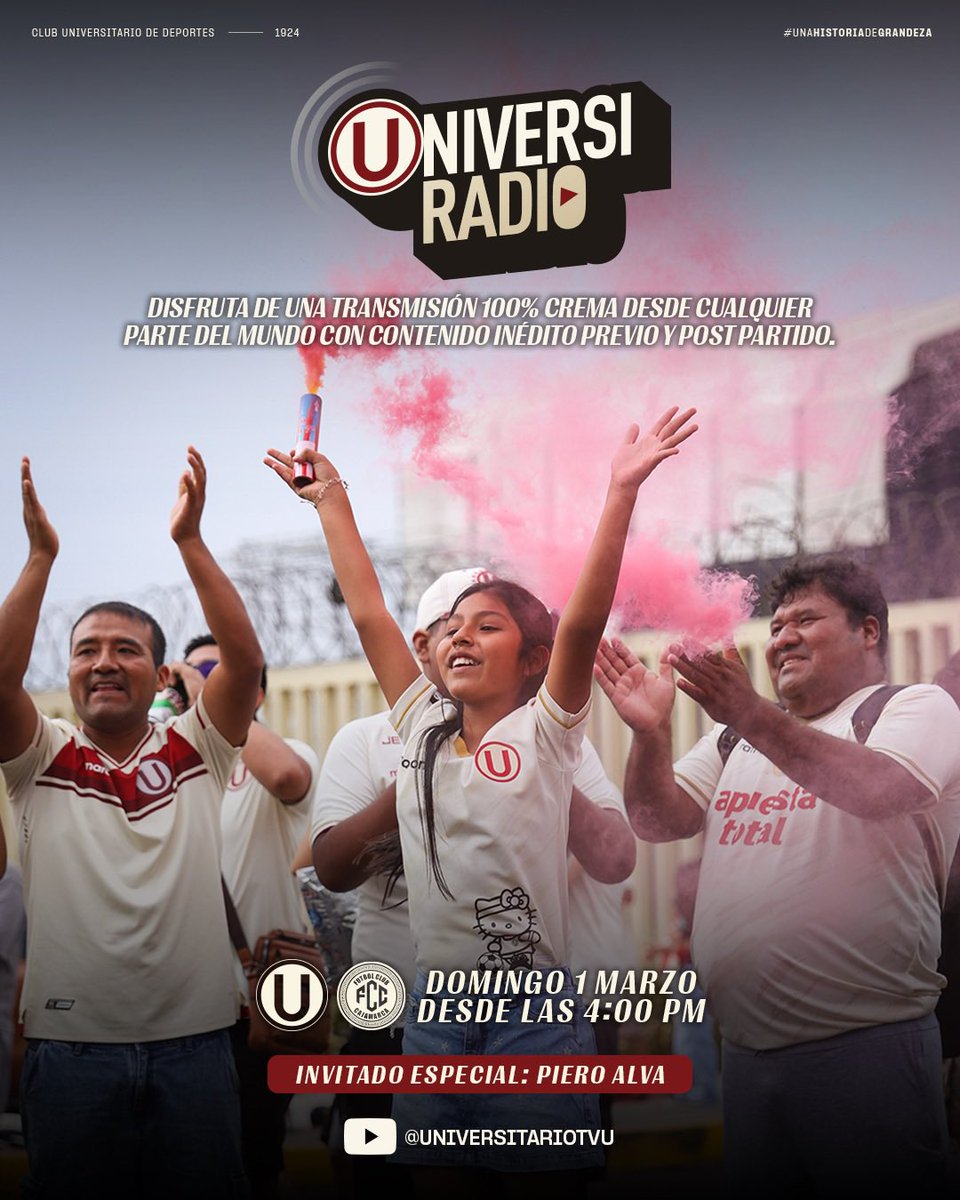 Universitario's tweet photo. 𝗡𝗢 𝗩𝗢𝗬 𝗔 𝗣𝗔𝗥𝗔𝗥 𝗗𝗘 𝗔𝗟𝗘𝗡𝗧𝗔𝗥 🎶 💛🌎

🎙️ Acompáñanos mañana en la tercera edición de #UniversiRadio, una transmisión radial vía streaming 100% crema para la hinchada merengue de todo el mundo. 

▶️ Vive la previa, incidencias y post partido del U vs. F.C. Cajamarca, como si estuvieras en el Monumental U Marathon.

🔗 Únete a nuestra comunidad aquí 👉 https://t.co/lQAocUS72D

#UnaHistoriaDeGrandeza