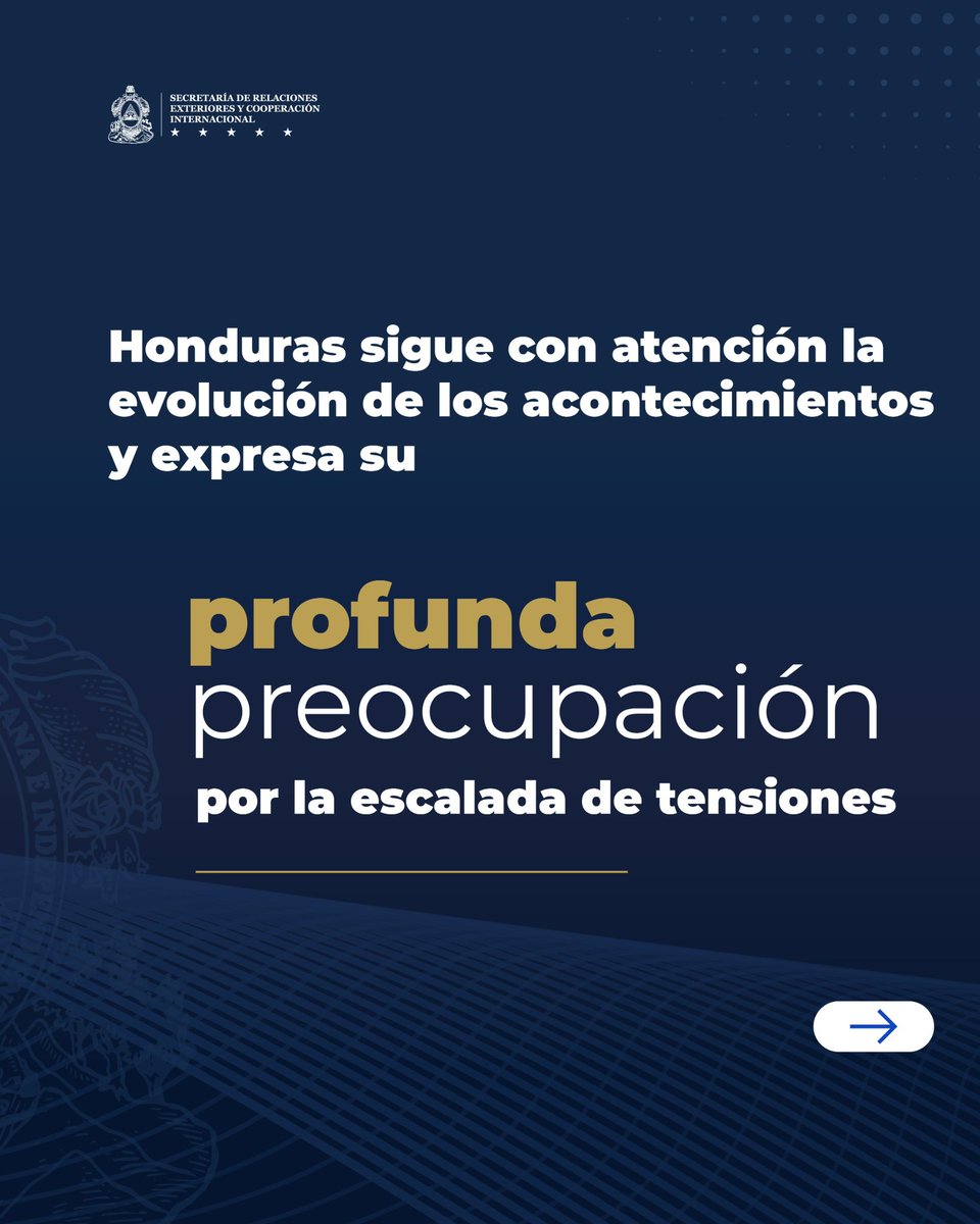 CancilleriaHN's tweet photo. 𝗣𝗿𝗼𝗻𝘂𝗻𝗰𝗶𝗮𝗺𝗶𝗲𝗻𝘁𝗼 𝗢𝗳𝗶𝗰𝗶𝗮𝗹 

𝗟𝗮 𝗥𝗲𝗽ú𝗯𝗹𝗶𝗰𝗮 𝗱𝗲 𝗛𝗼𝗻𝗱𝘂𝗿𝗮𝘀 𝗲𝘅𝗽𝗿𝗲𝘀𝗮 𝘀𝘂 𝗽𝗿𝗼𝗳𝘂𝗻𝗱𝗮 𝗽𝗿𝗲𝗼𝗰𝘂𝗽𝗮𝗰𝗶ó𝗻 𝗮𝗻𝘁𝗲 𝗹𝗮 𝗲𝘀𝗰𝗮𝗹𝗮𝗱𝗮 𝗱𝗲 𝘁𝗲𝗻𝘀𝗶𝗼𝗻𝗲𝘀 𝗲𝗻 𝗠𝗲𝗱𝗶𝗼 𝗢𝗿𝗶𝗲𝗻𝘁𝗲, 𝗽𝗼𝗿 𝗹𝗼 𝗾𝘂𝗲 𝗿𝗲𝗮𝗳𝗶𝗿𝗺𝗮 𝘀𝘂 𝗰𝗼𝗺𝗽𝗿𝗼𝗺𝗶𝘀𝗼 𝗰𝗼𝗻 𝗹𝗮 𝗽𝗮𝘇 𝘆 𝗹𝗮 𝘃í𝗮 𝗱𝗶𝗽𝗹𝗼𝗺á𝘁𝗶𝗰𝗮.

Instamos a los hondureños en Medio Oriente a mantenerse en lugares seguros, informarse por canales oficiales y comunicarse con nuestras sedes diplomáticas 📞🏛️ que encontrarán en este comunicado.

➡️ DESLIZA para ver el comunicado completo. 

𝗟𝗮 𝘀𝗲𝗴𝘂𝗿𝗶𝗱𝗮𝗱 𝗱𝗲 𝗻𝘂𝗲𝘀𝘁𝗿𝗼𝘀 𝗰𝗼𝗺𝗽𝗮𝘁𝗿𝗶𝗼𝘁𝗮𝘀 𝗲𝘀 𝗽𝗿𝗶𝗼𝗿𝗶𝗱𝗮𝗱 🇭🇳.