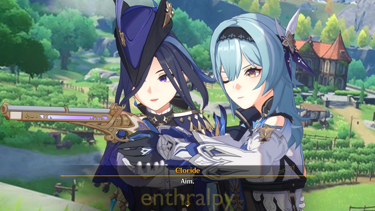 Enthralpy's tweet photo. there's a clorinde and eula interaction in the new event so i made Clorinde teaching Eula how to use a gun https://t.co/NCLJ1hd9lS