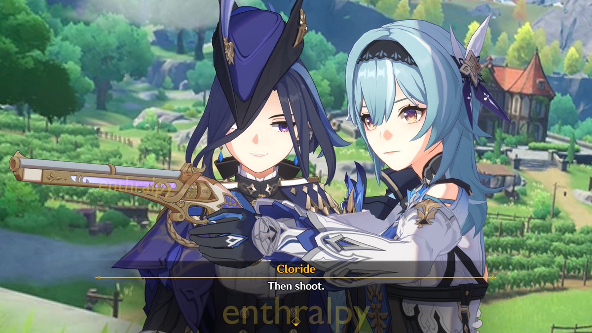 Enthralpy's tweet photo. there's a clorinde and eula interaction in the new event so i made Clorinde teaching Eula how to use a gun https://t.co/NCLJ1hd9lS