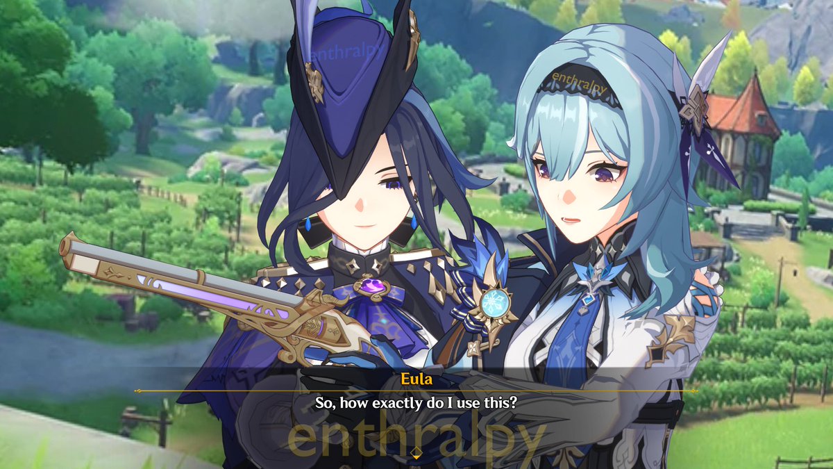 Enthralpy's tweet photo. there's a clorinde and eula interaction in the new event so i made Clorinde teaching Eula how to use a gun https://t.co/NCLJ1hd9lS