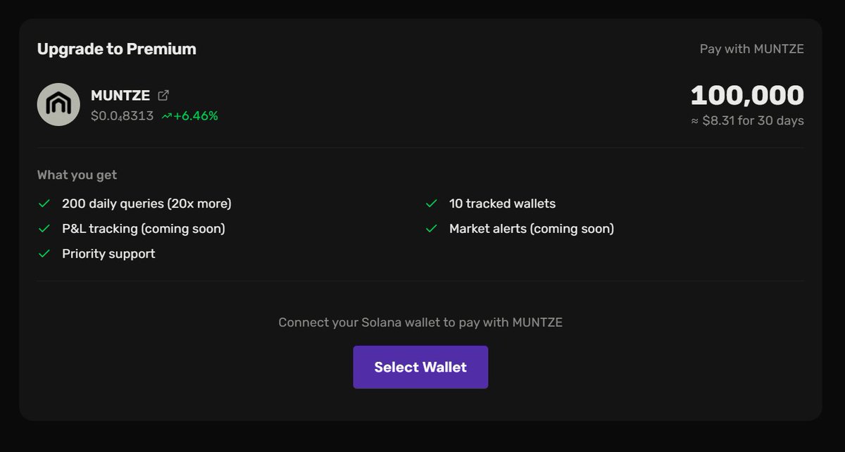 I’m testing the $MUNTZE agent, which specializes in portfolio advisory, strategy analysis, and  insights based on specific tokens we’re interested in. 
It’s working quite well, and the premium plan currently costs $8 in $MUNTZE - you pay it gets burned.