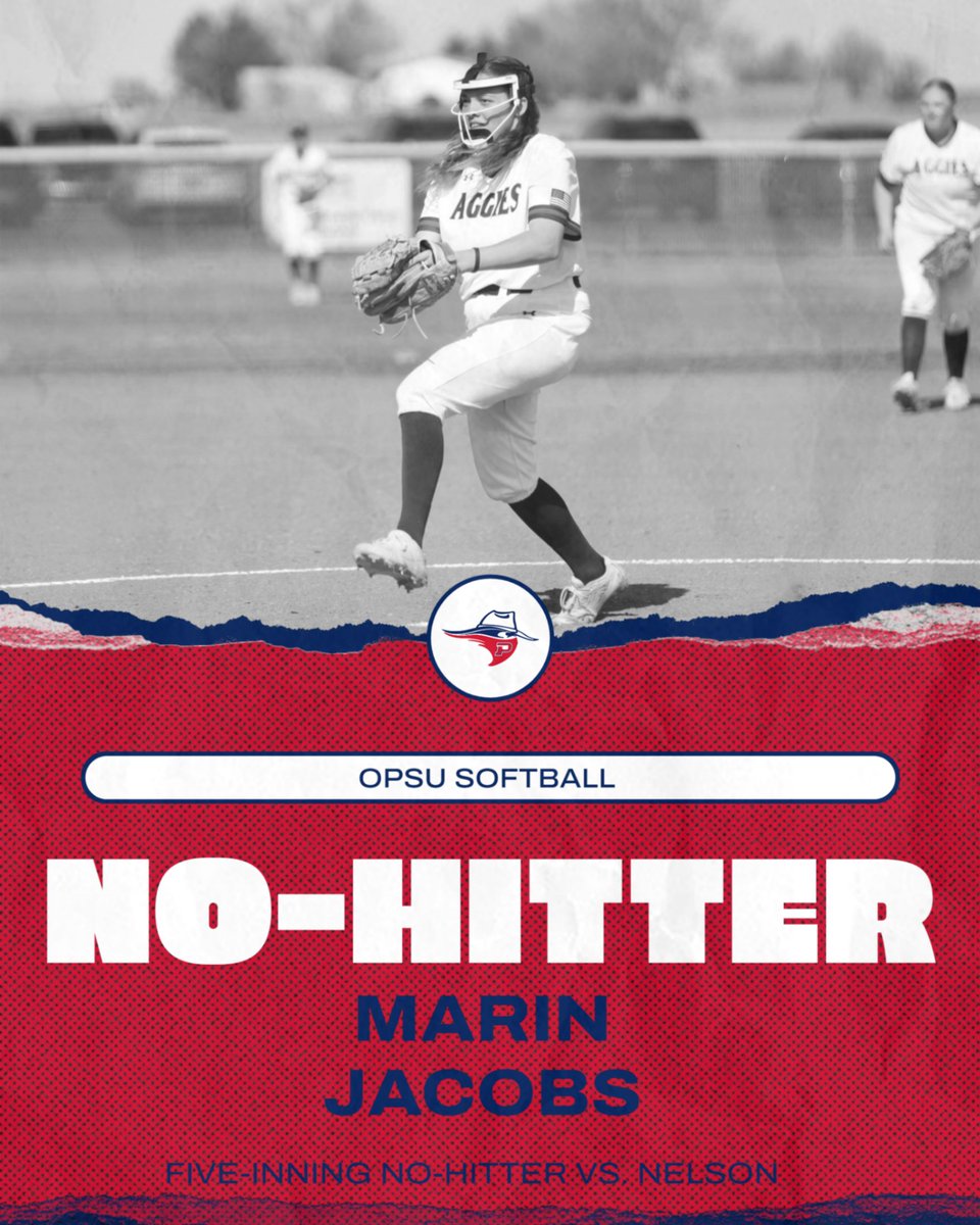 OPSUAthletics's tweet photo. 🚨NO-HITTER🚨

Marin Jacobs tosses a five-inning no-hitter in OPSU's 10-0 victory over Nelson in the series finale! 

Jacobs had two strikeouts and walked only two Lions in the outing. 

#AggieUp #TheRightWayToPlay https://t.co/DC7XSRWgeo