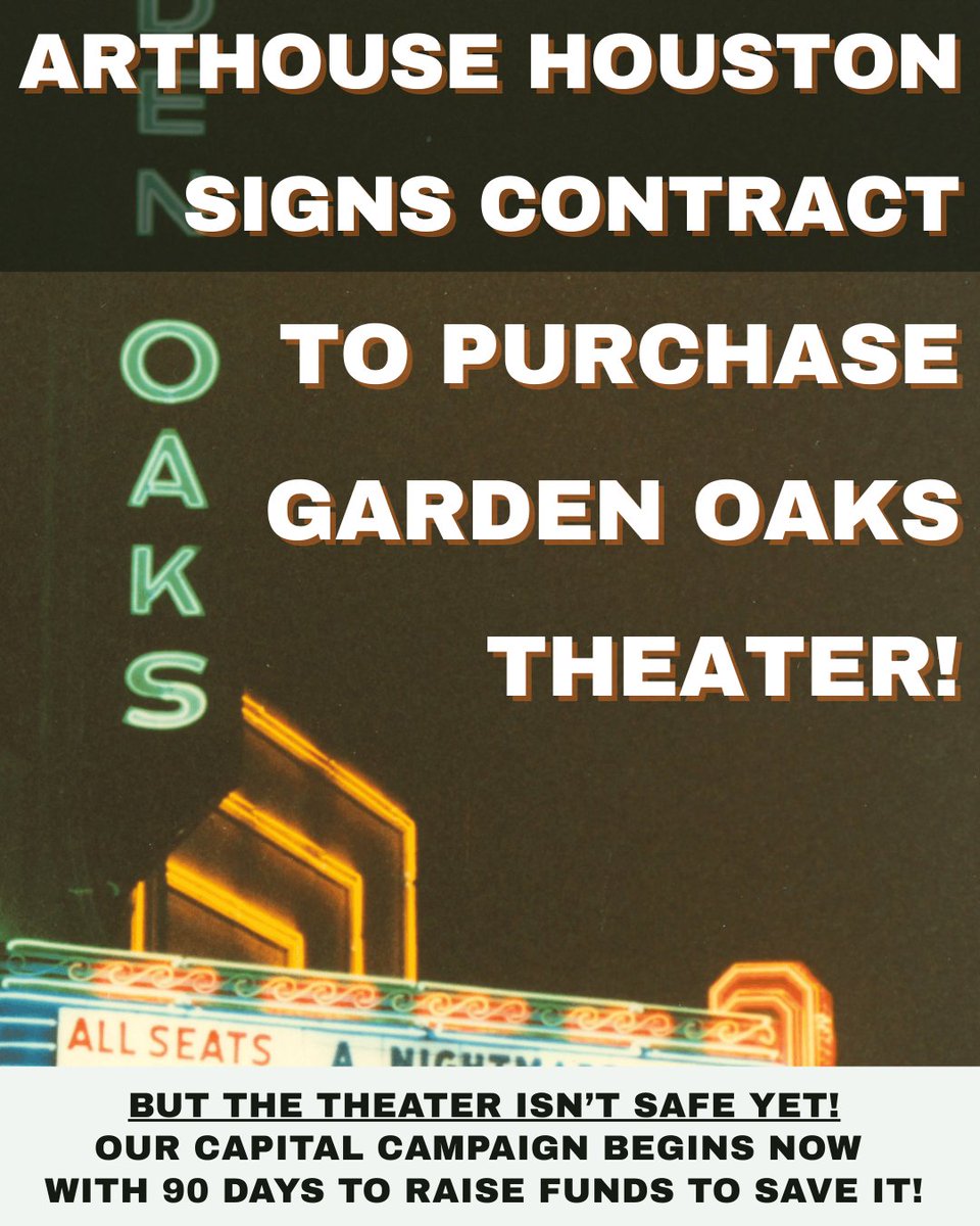 arthousehtx's tweet photo. TODAY ARTHOUSE HOUSTON SIGNED A CONTRACT TO PURCHASE THE GARDEN OAKS THEATER AND RE-OPEN IT FOR THE COMMUNITY!
BUT WE NEED YOUR HELP TO MAKE IT HAPPEN!

Thread 👇 https://t.co/ZCdHptzItd