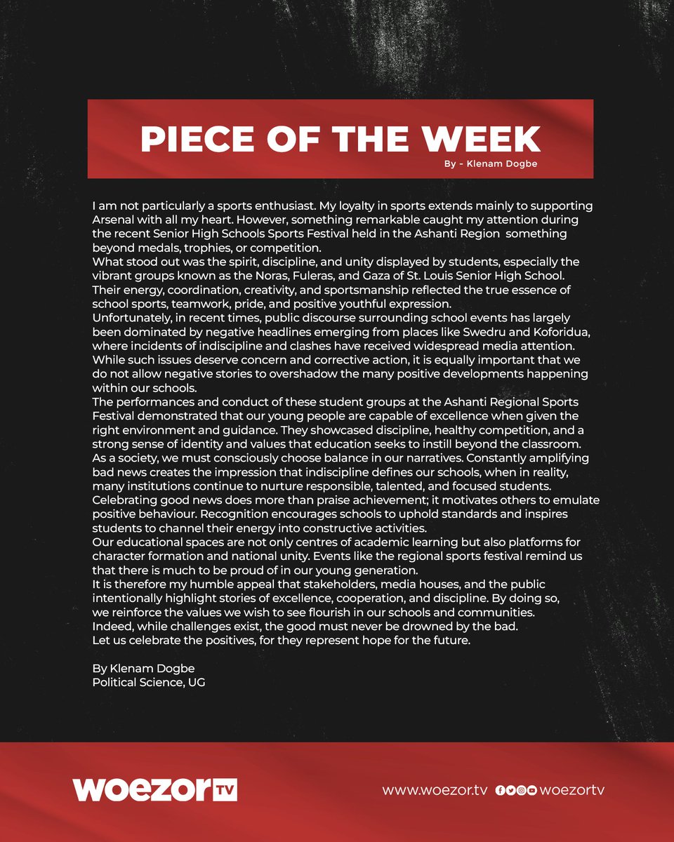 WoezorTV's tweet photo. In this week's Piece of the Week on WoezorTV, Klenam Dogbe turns the spotlight away from the negative narratives that have come to dominate public discourse around Ghanaian schools...
#WoezorTV #PieceofTheWeek https://t.co/ZuGS02ByR2