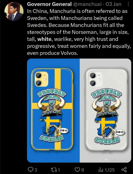 FORTRESSMAXXING's tweet photo. This is the "Manchurian" mongrel talking shit about North Korea, Iran, Russia &amp; Yemen lmao

1) Loves Hitler/Jews
2) Had to run away from China a few times to live in Canada
3) Hates South Chinese for being "brown and widenosed" (lol)
4) Wants to be White/Swedish
5) Has many alts https://t.co/p34Wn4zANo