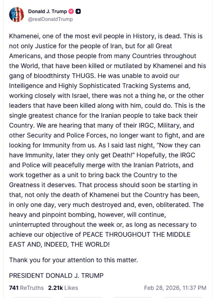 #BREAKING: President Trump confirms Iran’s Supreme Leader Ayatollah Ali Khamenei has been killed