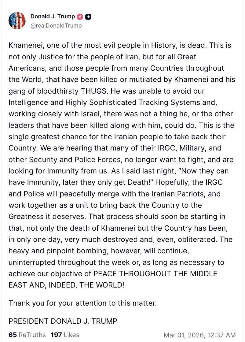 BREAKING: U.S. President Donald Trump announces the death of Iran's Supreme  Leader Ayatollah Ali Khamenei.