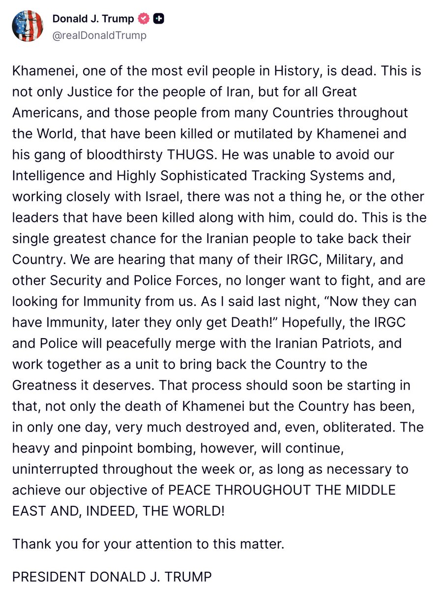 🚨 BREAKING:

President Donald Trump claims that Iran’s Supreme Leader Ayatollah Ali Khamenei is dead.

There has been no official confirmation from Iranian authorities or independent sources.

This is developing.