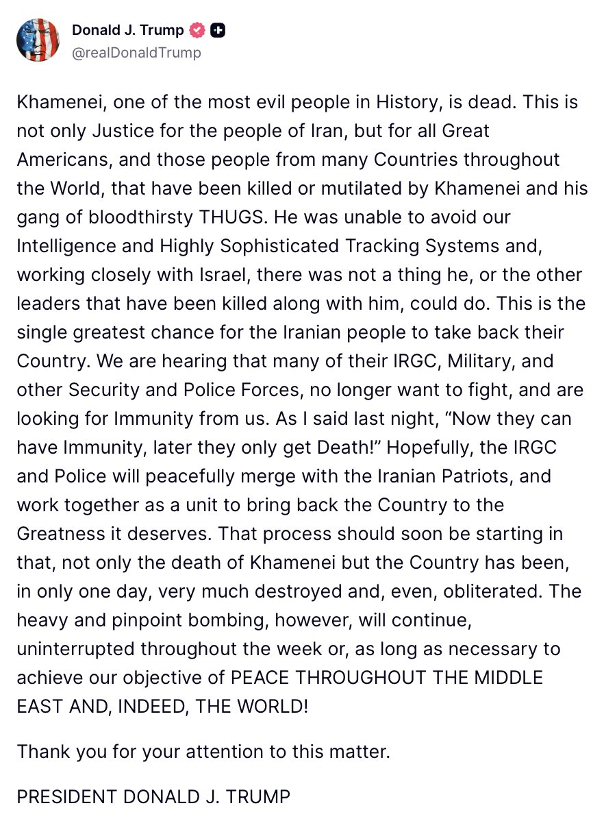 #ÚltimaHora El presidente Trump confirma la muerte del Ayatoláh Ali Jamenei. Más información en las plataformas de CNN