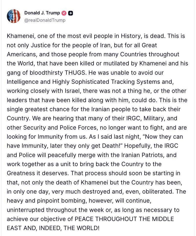 Tramps apstiprina Hamenei nāvi.