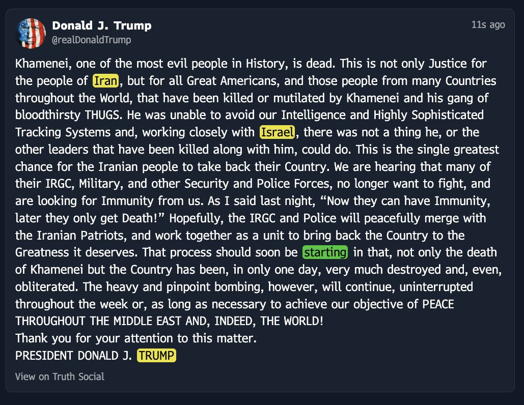 Trump confirma morte Khamenei.