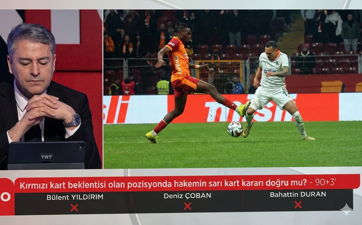 Tartismalar's tweet photo. Trio:
🟥 90’ Singo’nun yaptığı faulün yoruma açık hiçbir tarafı yok. 
Ayak gergin, top aşağıda, yaralayıcı, rakibin güvenliğini tehlikeye atıyor, kramponun çivileri rakibi gösteriyor.
Bu pozisyon her şartta kırmızı kart.
VAR devreye girmeliydi.
#GSvALY https://t.co/gIKhKOMOFX