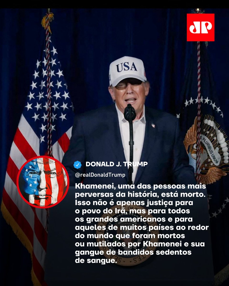 JovemPanNews's tweet photo. O presidente dos Estados Unidos, Donald Trump, publicou um comunicado oficial confirmando a morte do líder supremo do Irã, o aiatolá Ali Khamenei. No texto, o mandatário americano descreveu Khamenei como uma das pessoas mais cruéis da história e classificou o episódio como um ato de justiça para iranianos, americanos e vítimas em todo o mundo. Trump destacou que a operação contou com sistemas de inteligência e rastreamento de alta tecnologia e foi realizada em estreita coordenação com Israel, afirmando que o líder iraniano e outras autoridades não tiveram como escapar da ofensiva conjunta.

📺 Confira na JP News e Panflix 👉 https://t.co/aGG7BuLmSW