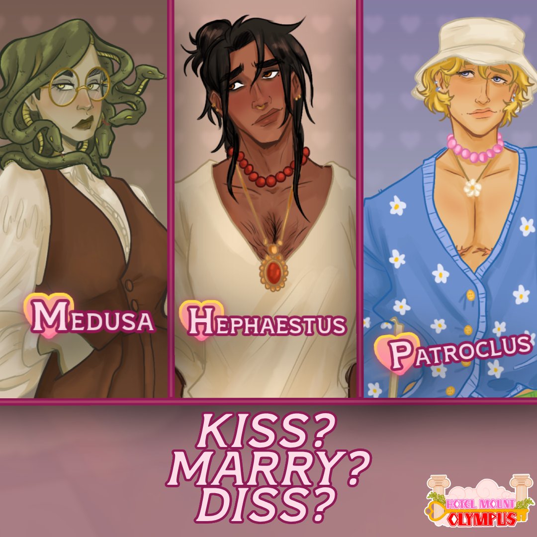 HMOlympus's tweet photo. Heph: “Really? I’m honored!”

Medusa: “Ugh, whatever.”

Patroclus: “‘I hope you’re ready for the best kiss of your life, babe! 

What’s your pick? 👀

#VisualNovel #GreekMythology #indiegame #HMO #gamedev https://t.co/wZd8n2CY0Q