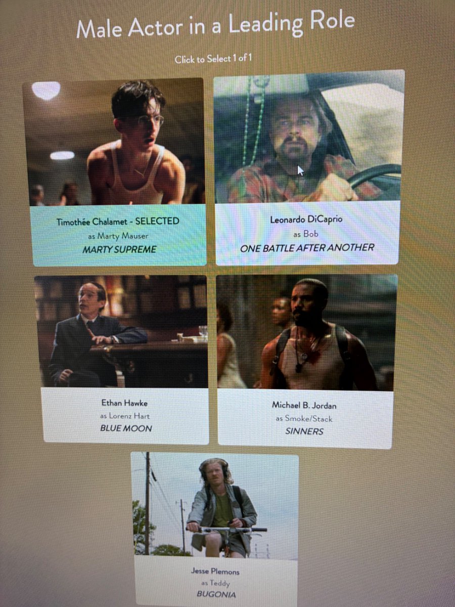 Will Timothée Chalamet become the first person to win a film lead Actor Award two years in a row? He finished first in my poll, but Michael B. Jordan was a very close second.