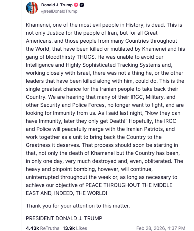 WallStreetMav's tweet photo. 🚨🚨🚨

BREAKING: President Trump confirms that Iran’s Supreme Leader Khamenei is dead. https://t.co/89jXJtwwYL