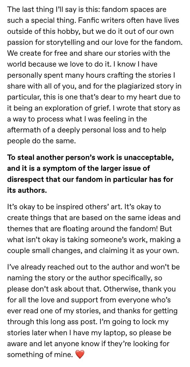 andiwriteordie's tweet photo. Posted this on tumblr earlier but wanted to share this here too. Due to recent plagiarism of one of my works, I'm going to be locking my stories on AO3 again. You'll need an account to read them going forward so please keep that in mind!

(longer explanation in the pictures 😕) https://t.co/Kuh0qfXnXV