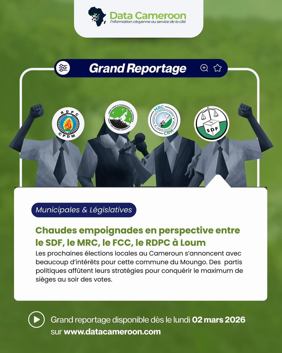 EtienneTalla1's tweet photo. Lundi, 02 mars 2026, #DataCameroun publiera un reportage sur Loum, à l’approche des #Elections2026
Ce travail propose une analyse factuelle des dynamiques locales, des stratégies des formations politiques et des attentes exprimées par les populations
#DataCameroon #PPII #ABC10 https://t.co/YKesjWXf4n