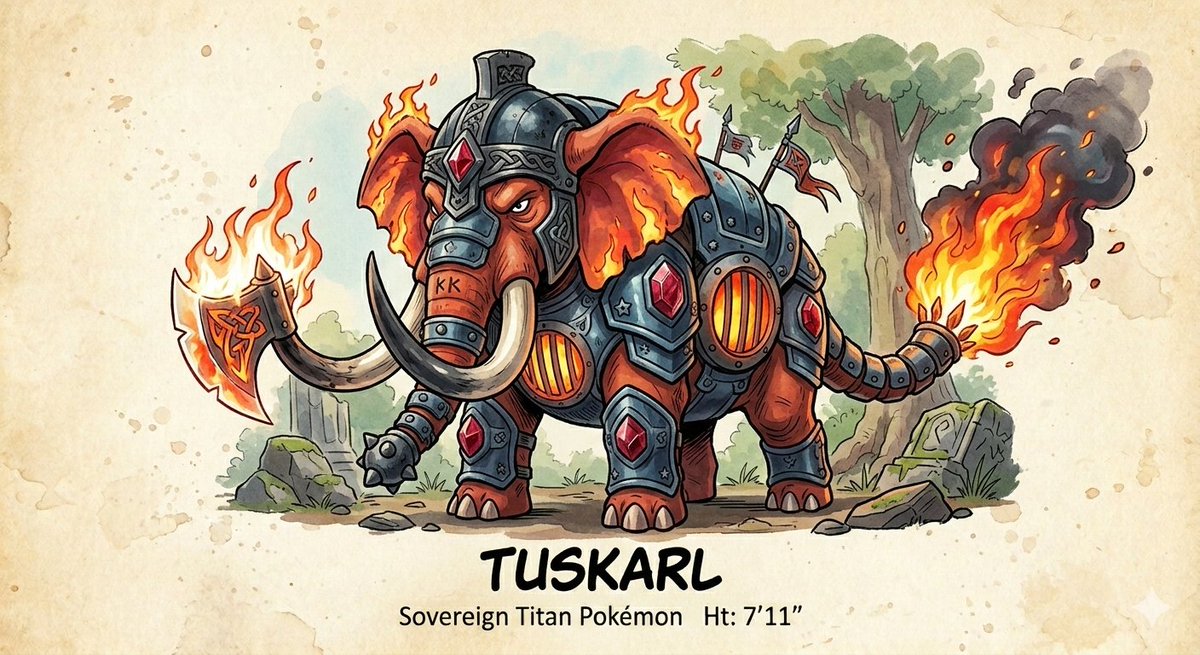 megazero26's tweet image. Here's my concept art design for The Fire Elephant Starter line which it's final evolution is inspired by Viking warriors and the Republican Elephant and it's type is Fire and Steel type #Calfire #Pachyruby #Tuskarl #Pokemon #pokemonfanart