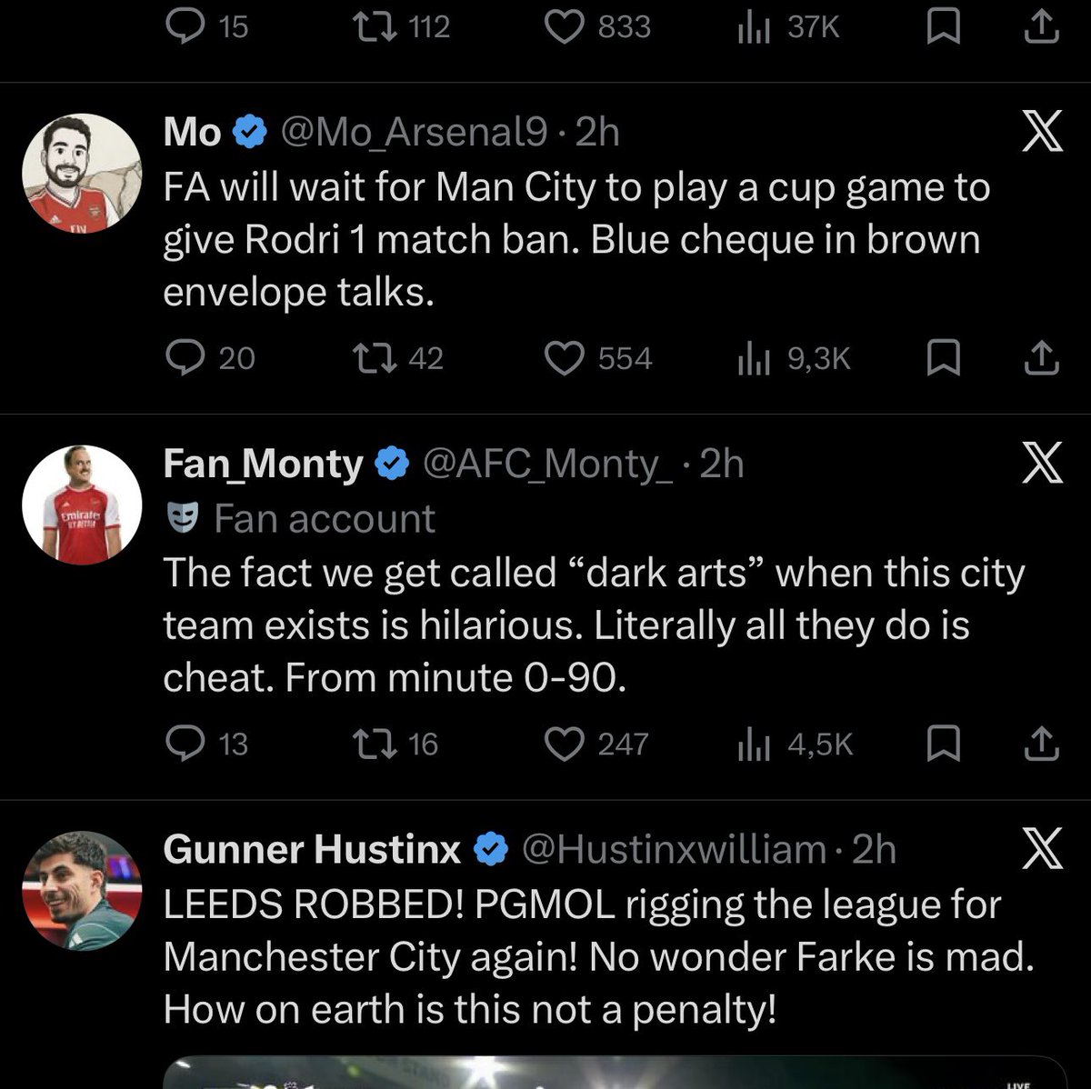 Thea ars fans are PATHETIC always using “excuse” for why they don’t loving using. PGMOL n FA for therm not winning. So sad.  Facts is when  city or LFC win the EPL they don’t use excuses the go and WIN… 
You blame other and use excuses yiu WIN  NOTHING…