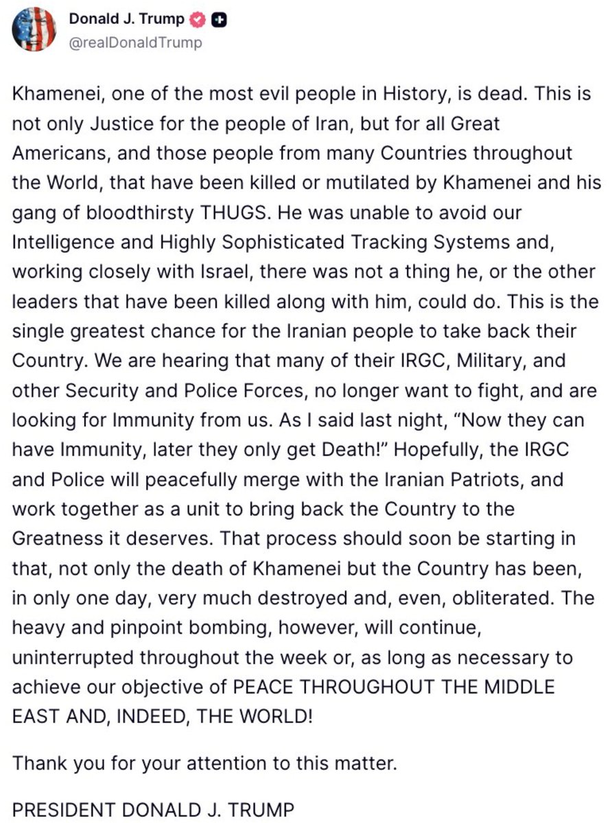 Trump says that Iran's Supreme leader, Khamenei is dead. The war has ended even before it really began.