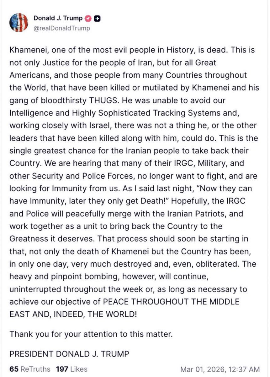 ❌CONFIRMAN MUERTE DE JAMENEI

El presidente de Estados Unidos, Donald Trump confirma la muerte de Ali JAMENEI.