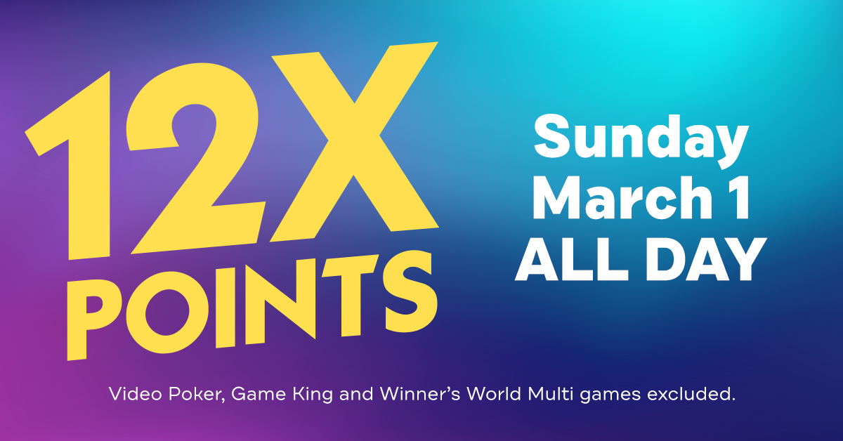 🎉 12x Points all day tomorrow! 🎉 Start the month off right by earning 12x points playing your favorite slots all day!  🎰 Participate in our Island View Casino or smoke-free Beach View Casino. 🌟